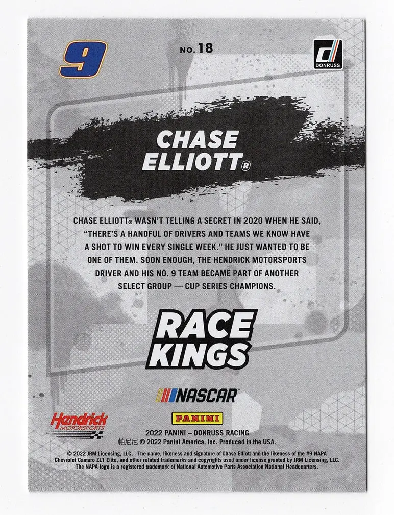 Autographed Chase Elliott 2022 Donruss Racing Race Kings Rare Gray Parallel Signed Nascar Collectible Trading Card With Coa 2