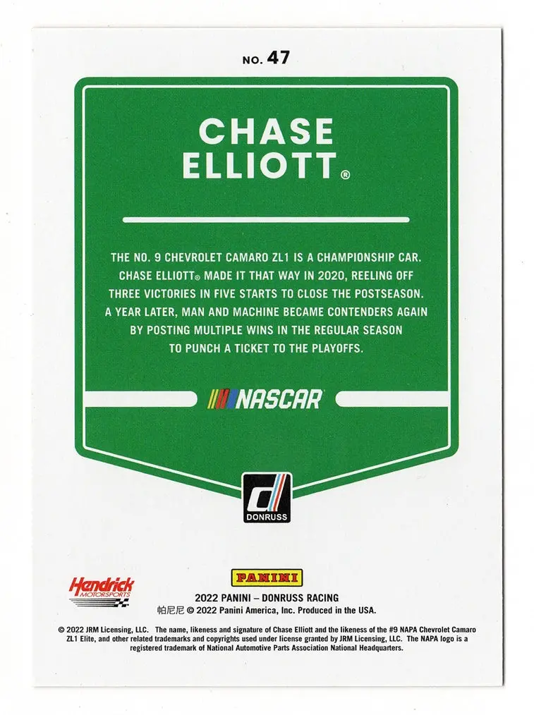 Autographed Chase Elliott 2022 Donruss Racing (#9 Napa Car) Rare Red Parallel Signed Nascar Collectible Trading Card With Coa #062/299 2