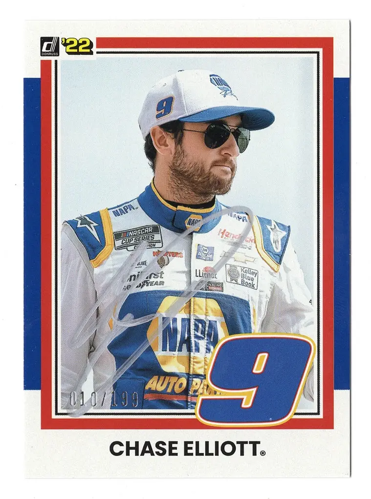 Autographed Chase Elliott 2022 Donruss Racing (#9 Napa Team) Rare Blue Parallel Signed Nascar Collectible Trading Card With Coa #010/199 1