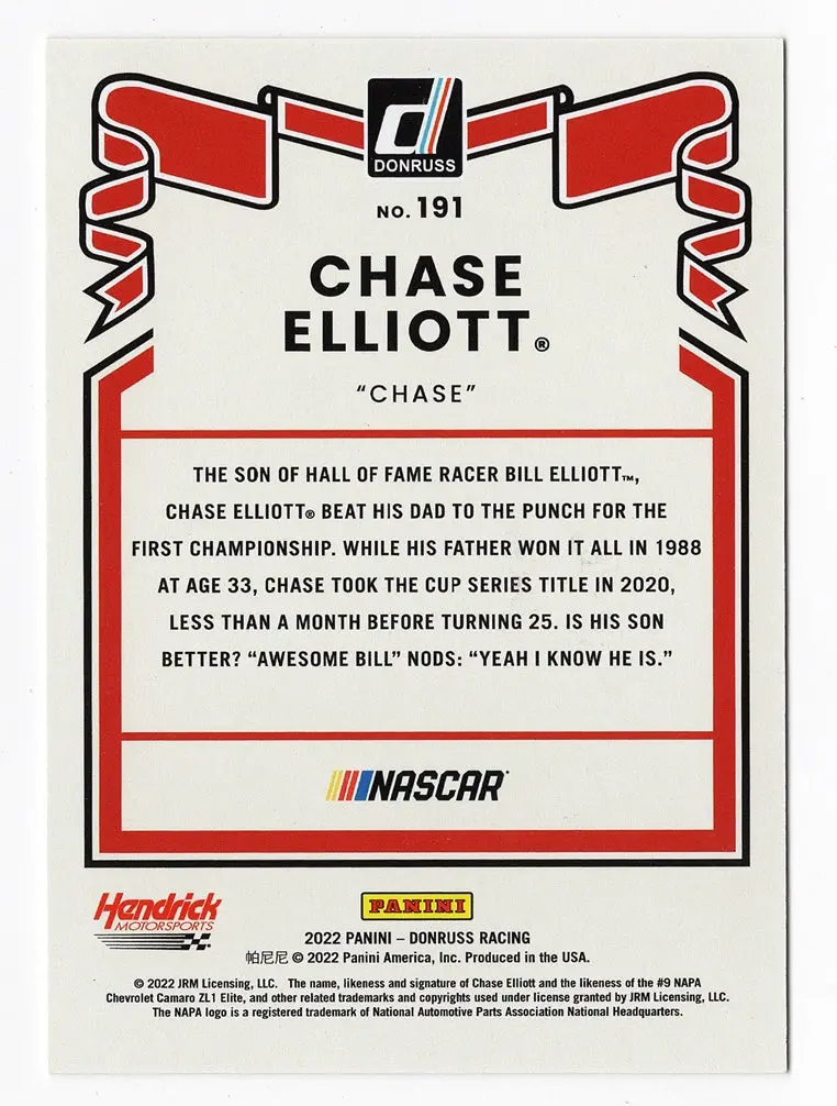 Autographed Chase Elliott 2022 Donruss Racing (#9 Napa Team) Rare Blue Parallel Signed Nascar Collectible Trading Card With Coa #010/199 2