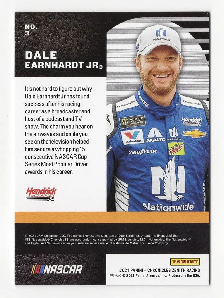 Autographed Dale Earnhardt Jr. 2021 Panini Chronicles Racing Zenith (#88 Nationwide Team) Signed Nascar Collectible Trading Card With Coa 2