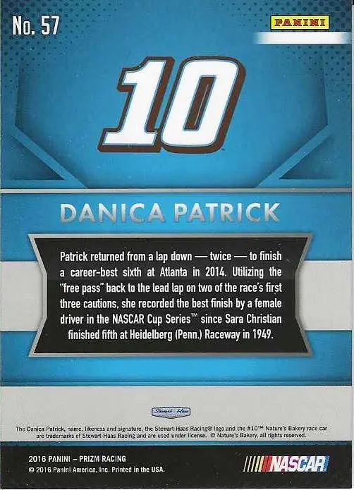 Autographed Danica Patrick 2016 Panini Prizm Racing (#10 Nature's Bakery Team) Signed Collectible Nascar Trading Card With Coa 2