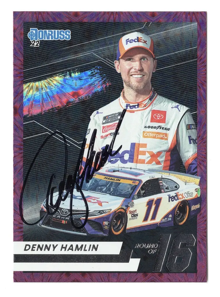 Autographed Denny Hamlin 2022 Donruss Racing Playoffs Round Of 16 (#11 Fedex Team) Rare Insert Signed Nascar Collectible Trading Card With Coa 1