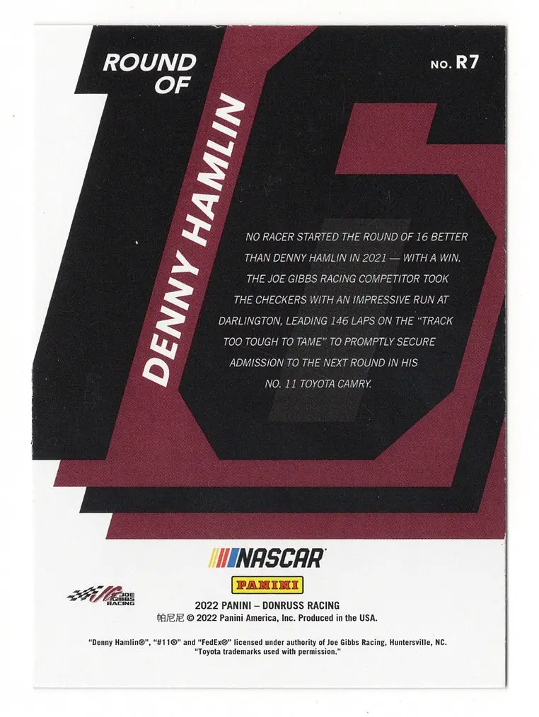 Autographed Denny Hamlin 2022 Donruss Racing Playoffs Round Of 16 (#11 Fedex Team) Rare Insert Signed Nascar Collectible Trading Card With Coa 2