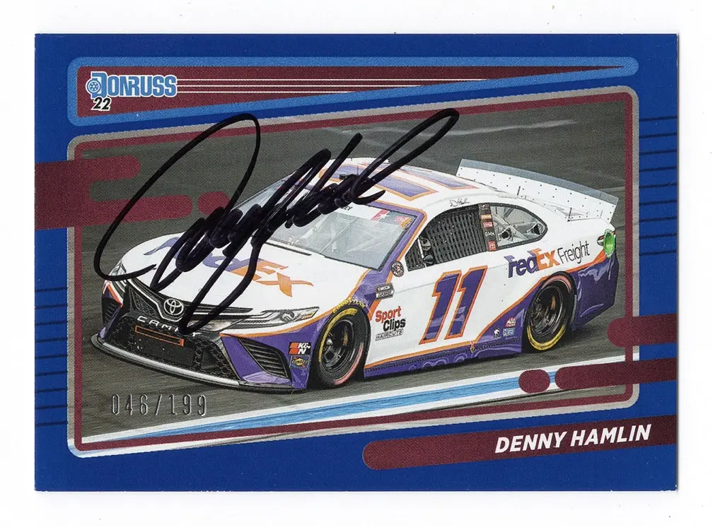 Autographed Denny Hamlin 2022 Donruss Racing Rare Blue Parallel (#11 Fedex Car) Insert Signed Nascar Collectible Trading Card #046/199 With Coa 1