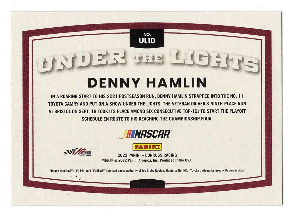Autographed Denny Hamlin 2022 Donruss Racing Under The Lights (#11 Fedex Team) Rare Insert Signed Nascar Collectible Trading Card With Coa 2