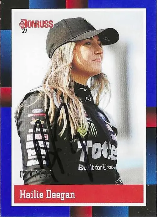 Autographed Hailie Deegan 2021 Donruss Racing 1988 Retro Blue Border Parallel Rare Insert Signed Collectible Nascar Trading Card #024/199 With Coa 1