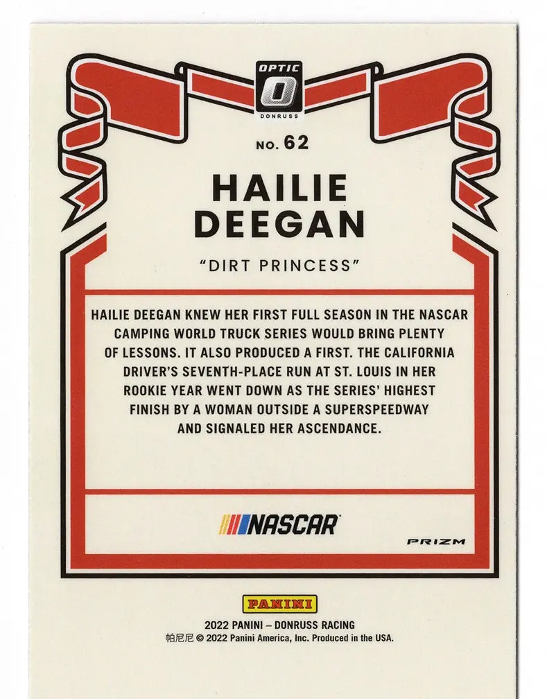 Autographed Hailie Deegan 2022 Donruss Optic Racing Dirt Princess Rare Silver Prizm Insert Signed Nascar Collectible Trading Card With Coa 2