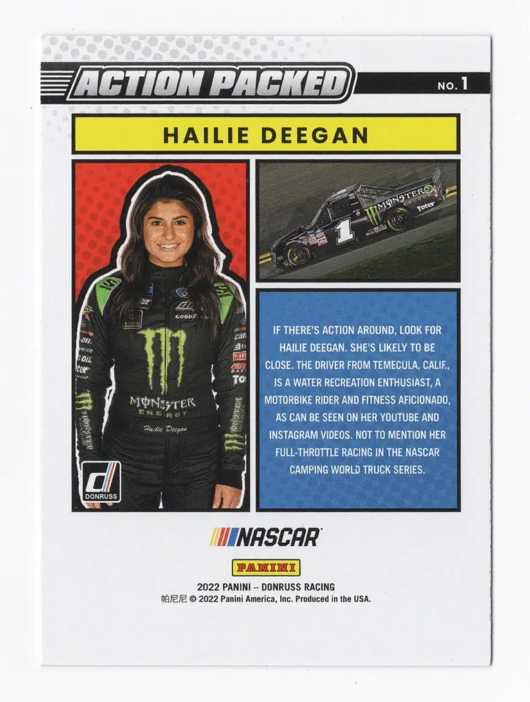 Autographed Hailie Deegan 2022 Donruss Racing Action Packed (#1 Monster Truck Series) Rare Insert Signed Nascar Collectible Trading Card With Coa 2