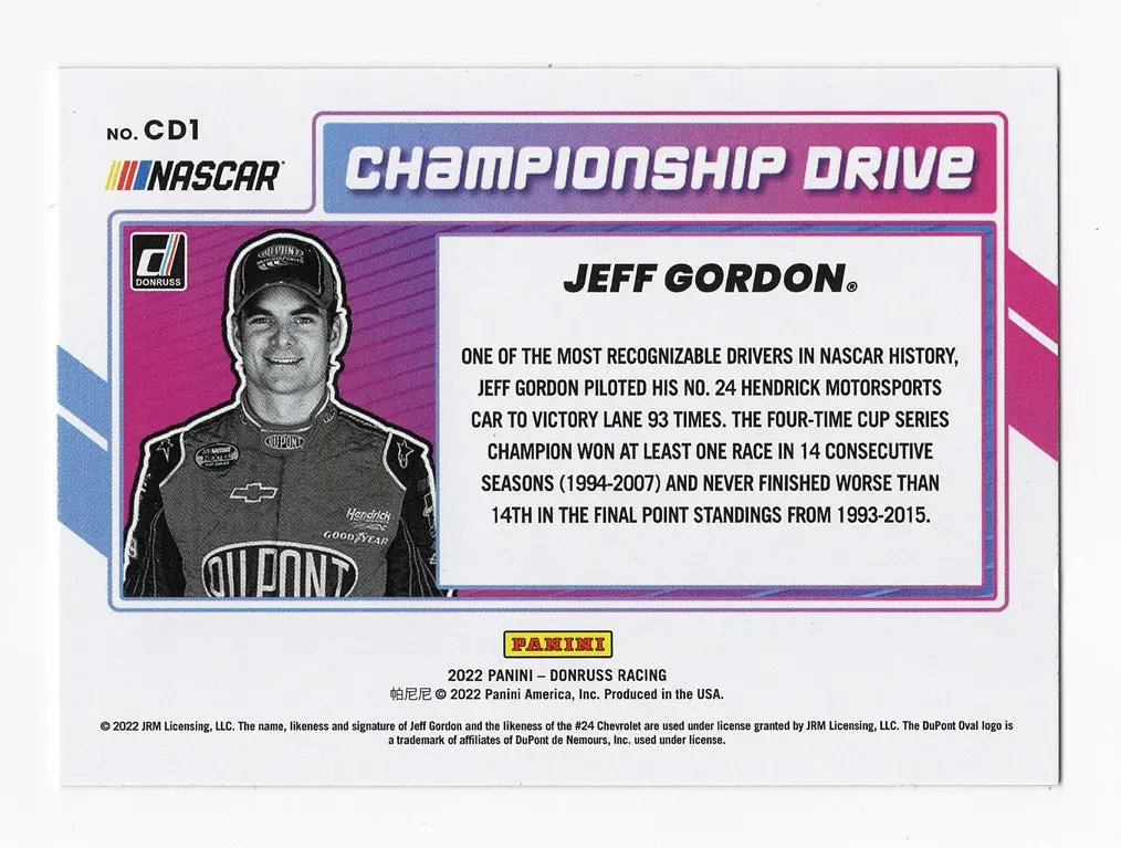 Autographed Jeff Gordon 2022 Donruss Racing Championship Drive (#24 Dupont Team) Rare Insert Signed Nascar Collectible Trading Card With Coa 2
