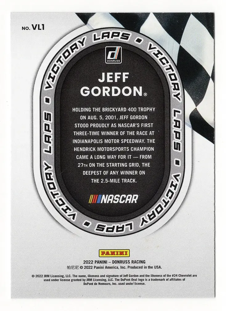 Autographed Jeff Gordon 2022 Donruss Racing Victory Laps (Indy Brickyard 400 Win) Rare Insert Signed Nascar Collectible Trading Card With Coa 2