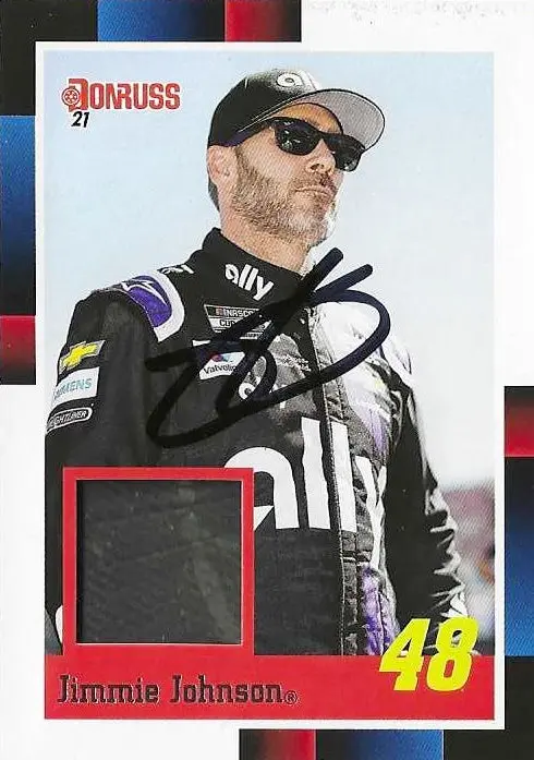 Autographed Jimmie Johnson 2021 Donruss Racing 1988 Retro (#48 Ally Team) Race-Used Tire Relic Signed Collectible Nascar Trading Card With Coa 1
