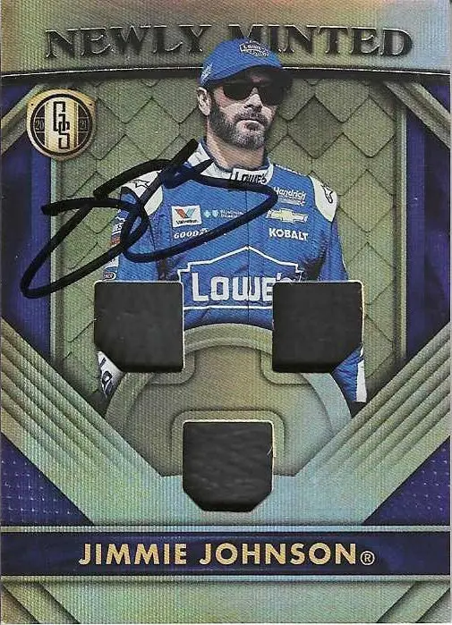 Autographed Jimmie Johnson 2021 Panini Chronicles Gold Standard Newly Minted (Race-Used Tire Relic) Signed Collectible Nascar Trading Card With Coa 1