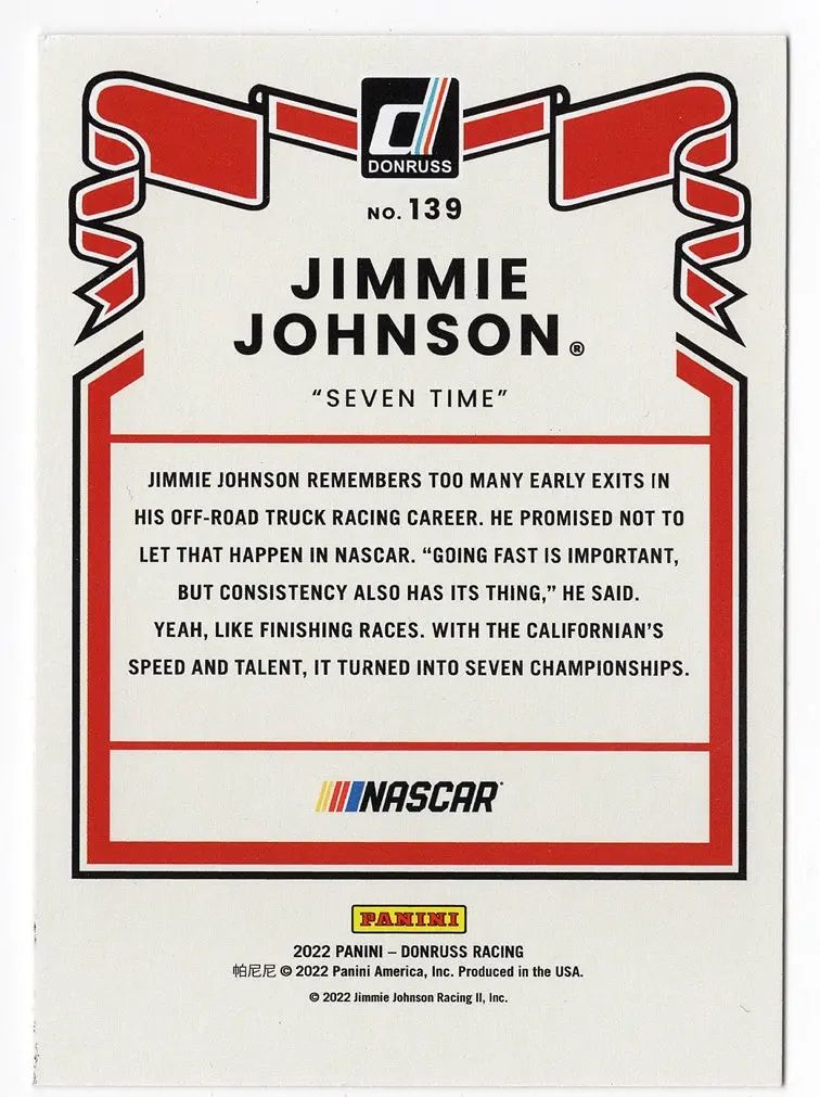 Autographed Jimmie Johnson 2022 Donruss Racing Seven Time (#48 Kobalt Team) Signed Nascar Collectible Trading Card With Coa 2