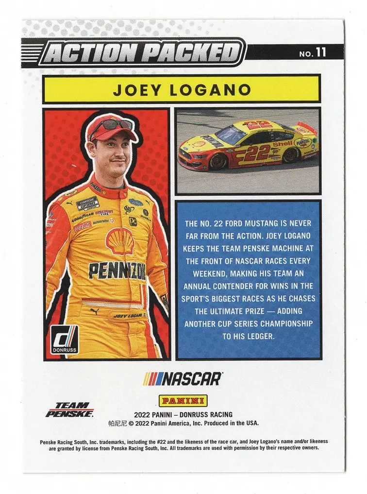 Autographed Joey Logano 2022 Donruss Racing Action Packed Rare Insert Signed Nascar Collectible Trading Card With Coa 2