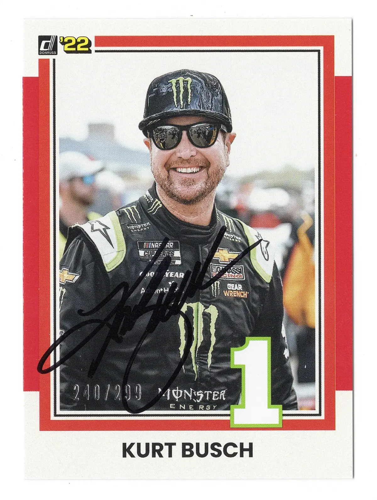 Autographed Kurt Busch 2022 Donruss Racing Rare Red Parallel (#1 Monster Team) Insert Signed Nascar Collectible Trading Card #240/299 With Coa 1
