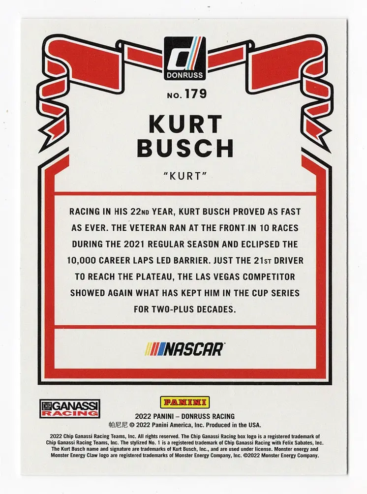 Autographed Kurt Busch 2022 Donruss Racing Rare Red Parallel (#1 Monster Team) Insert Signed Nascar Collectible Trading Card #240/299 With Coa 2