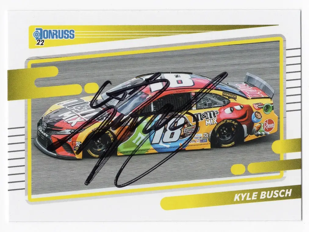 Autographed Kyle Busch 2022 Donruss Racing (#18 M&Ms Toyota Car) Nascar Cup Series Signed Nascar Collectible Trading Card With Coa 1