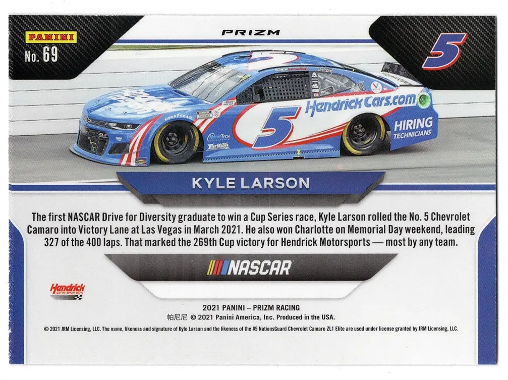 Autographed Kyle Larson 2021 Panini Prizm Racing Wheels Blue Prizm (#5 Hendrick Car) Insert Signed Nascar Collectible Trading Card With Coa 2