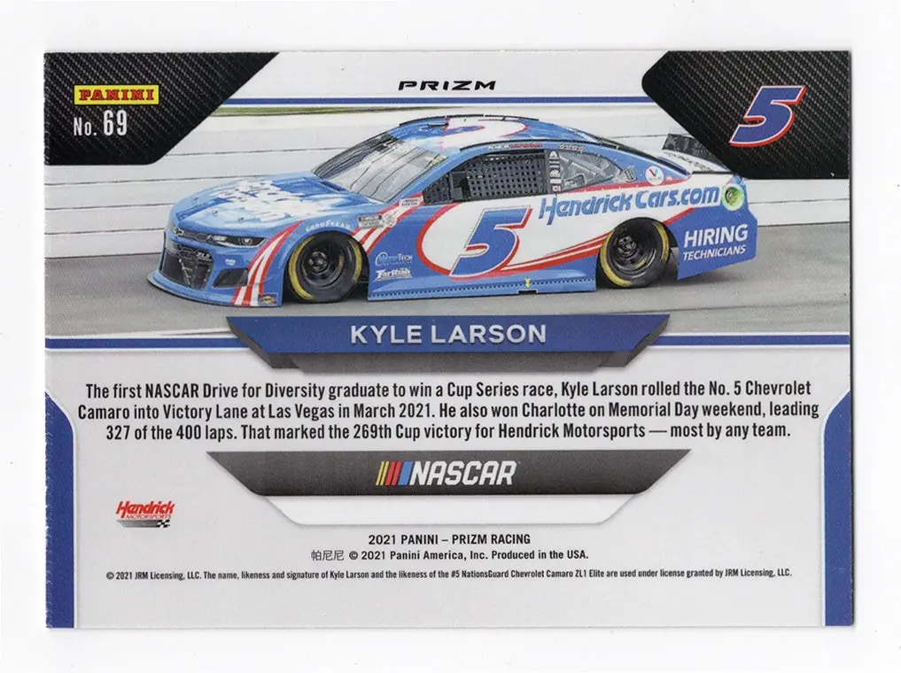 Autographed Kyle Larson 2021 Panini Prizm Racing Wheels Silver Prizm (#5 Hendrick Car) Rare Insert Signed Nascar Collectible Trading Card With Coa 2