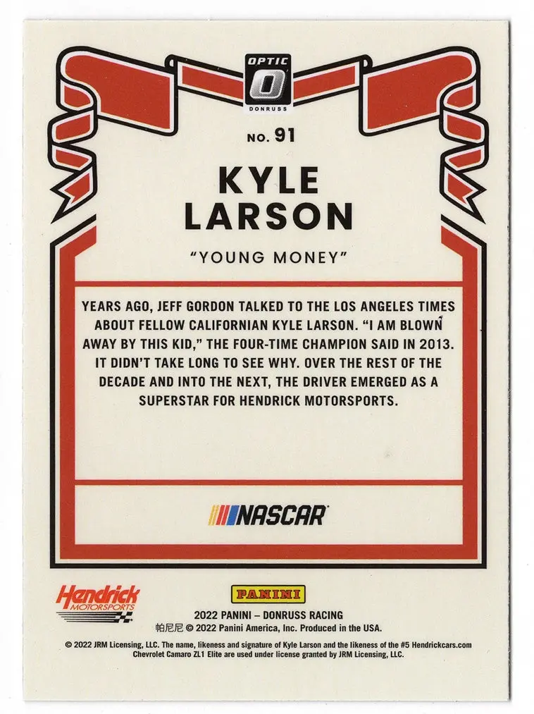 Autographed Kyle Larson 2022 Donruss Optic Racing Young Money (#5 Hendrick Motorsports) Signed Nascar Collectible Trading Card With Coa 2