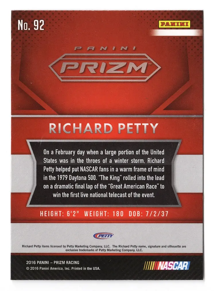 Autographed Richard Petty 2016 Panini Prizm Racing Nascar Hall Of Fame (#43 Stp Team) Signed Collectible Nascar Trading Card With Coa 2