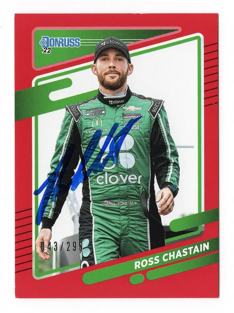 Autographed Ross Chastain 2022 Donruss Racing Red Green Parallel Insert Signed Nascar Collectible Trading Card #043/299 1