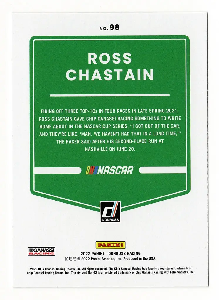 Autographed Ross Chastain 2022 Donruss Racing (#42 Clover Team) Signed Nascar Collectible Trading Card With Coa 2