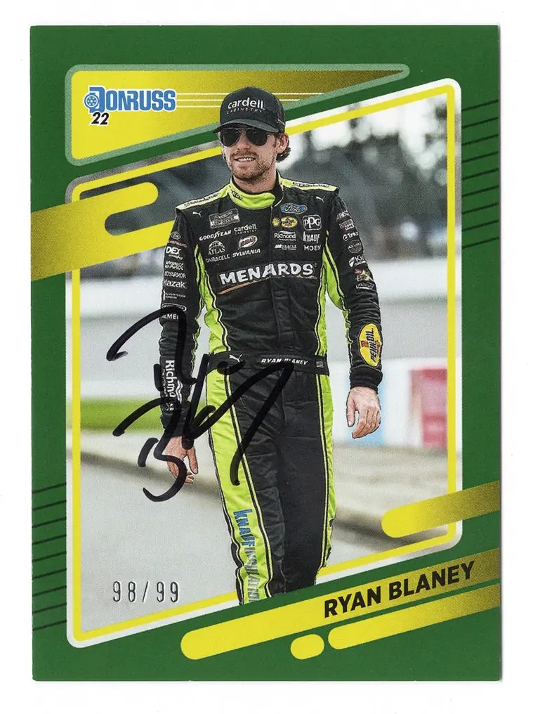 Autographed Ryan Blaney 2022 Donruss Racing Rare Green Parallel (Team Penske) Insert Signed Nascar Collectible Trading Card #98/99 With Coa 1