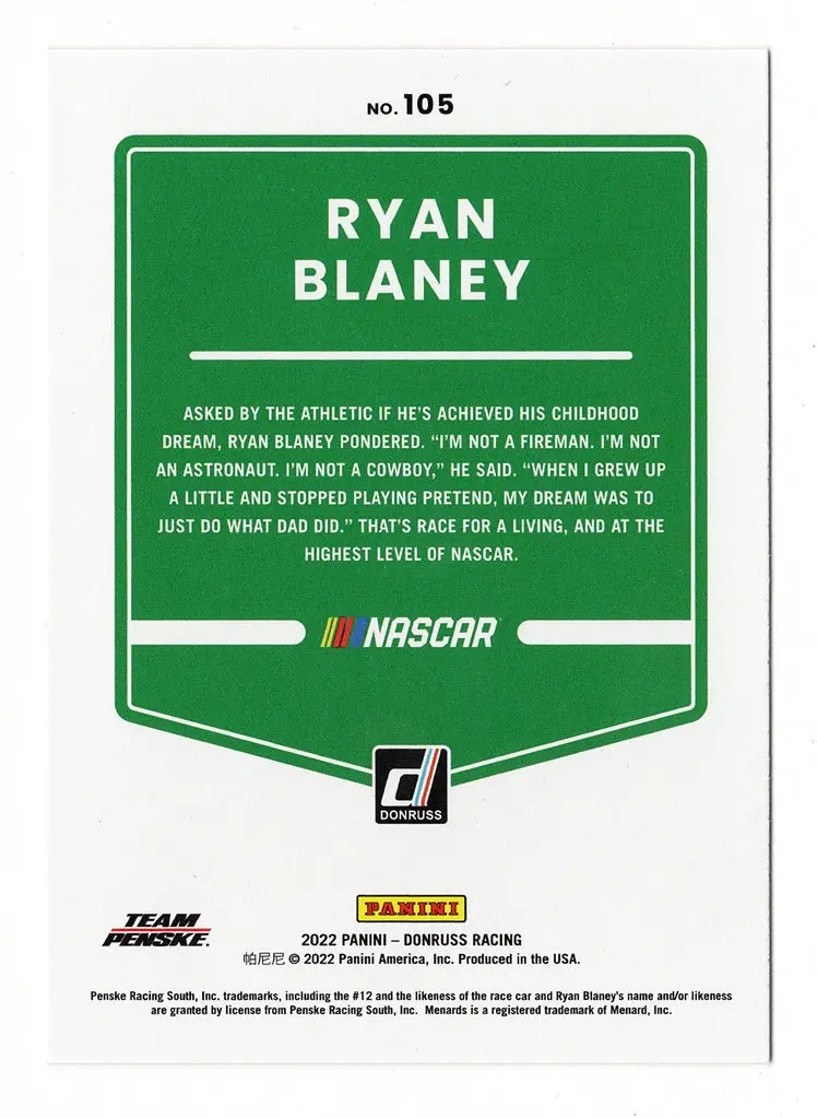 Autographed Ryan Blaney 2022 Donruss Racing (#12 Menards Driver) Team Penske Signed Nascar Collectible Trading Card With Coa 2