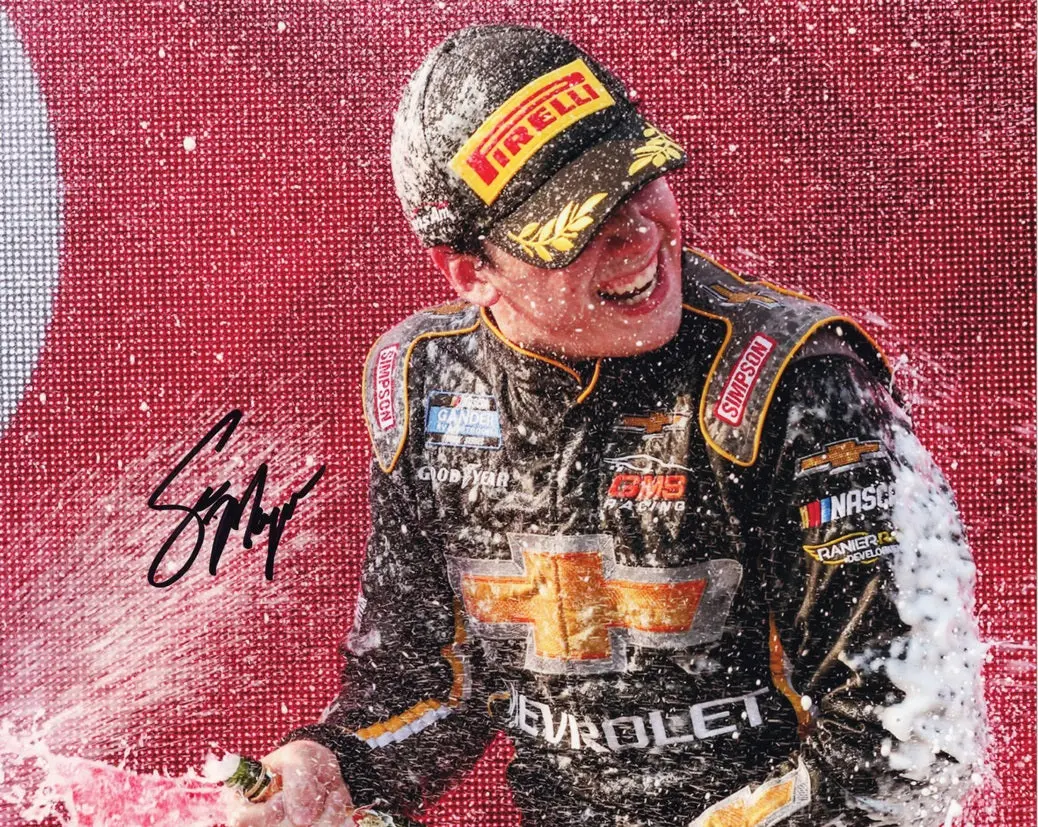 Autographed Sam Mayer #24 Gander Mountain Truck Series Race Victory (Champagne Spray) Signed 8X10 Inch Nascar Photo With Coa 1