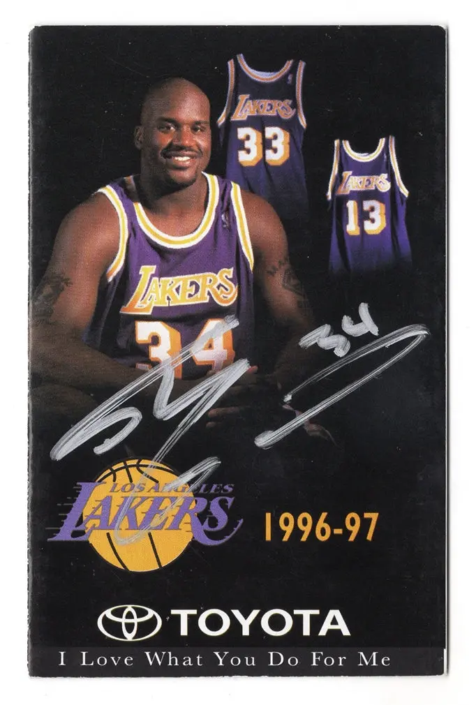 Autographed Shaquille O'neal 1996-1997 Los Angeles Lakers Basketball Vintage Signed 2.25X3 Inch Calendar Season Pocket Schedule With Coa 1