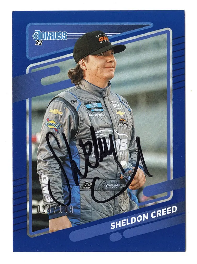 Autographed Sheldon Creed 2022 Donruss Racing Rare Blue Parallel (Truck Series) Insert Signed Nascar Collectible Trading Card #024/199 With Coa 1