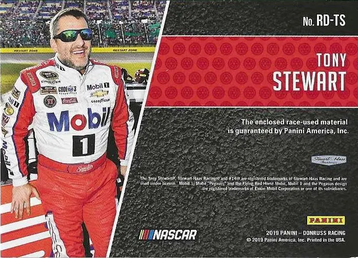 Autographed Tony Stewart 2019 Donruss Racing Race Day Relics (Race-Used Memorabilia) Red Parallel Signed Collectible Nascar Trading Card #149/185 With Coa 2