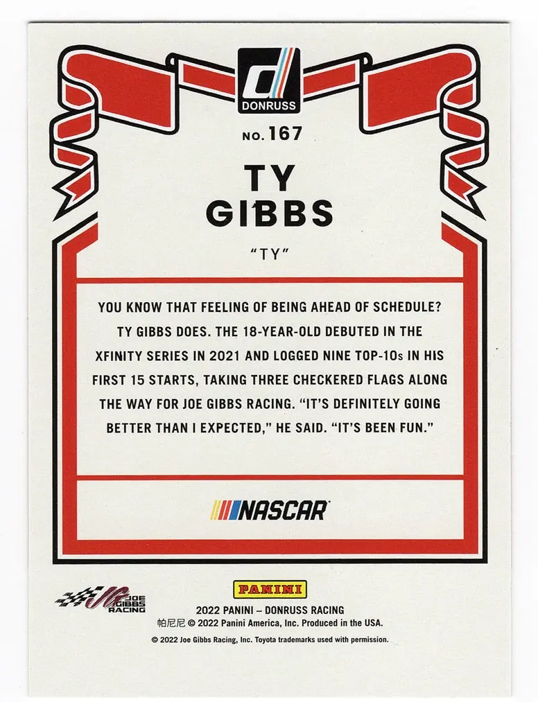 Autographed Ty Gibbs 2022 Donruss Racing Red Parallel Insert Signed Nascar Collectible Trading Card #264/299 With Coa 2