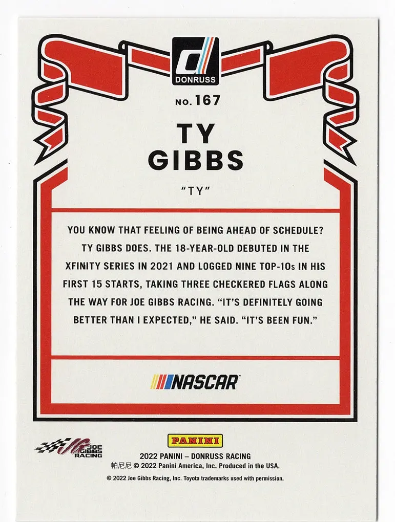 Autographed Ty Gibbs 2022 Donruss Racing (#54 Sport Clips Driver) Joe Gibbs Racing Xfinity Series Signed Nascar Collectible Trading Card With Coa 2