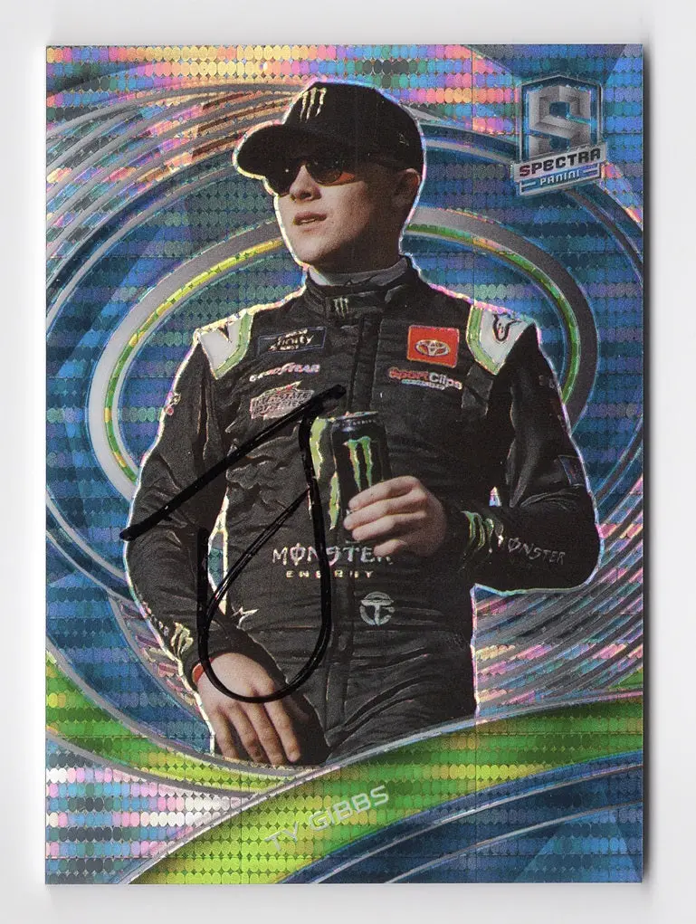 Autographed Ty Gibbs 2022 Panini Chronicles Spectra Racing Cellestial Blue Prizm Insert Signed Nascar Collectible Trading Card #93/99 With Coa 1
