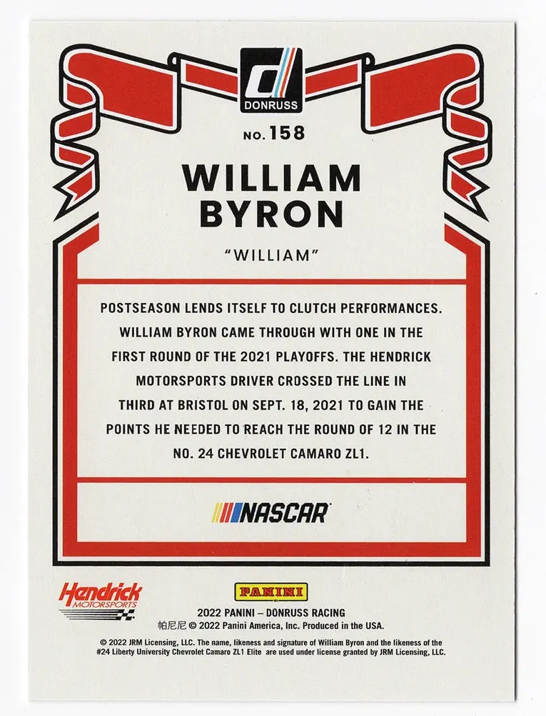 Autographed William Byron 2022 Donruss Racing Rare Red Parallel (#24 Liberty Team) Insert Signed Nascar Collectible Trading Card #043/299 With Coa 2