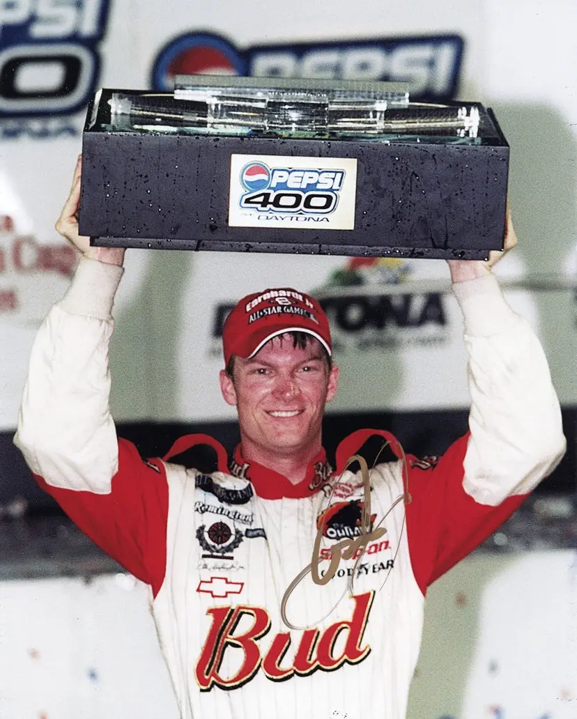 Autographed 2001 Dale Earnhardt Jr. #8 Budweiser Mlb All-Star Daytona Pepsi 400 Win (Victory Trophy) Dale Sr. Tribute Signed 8X10 Inch Nascar Glossy Photo With Coa 1