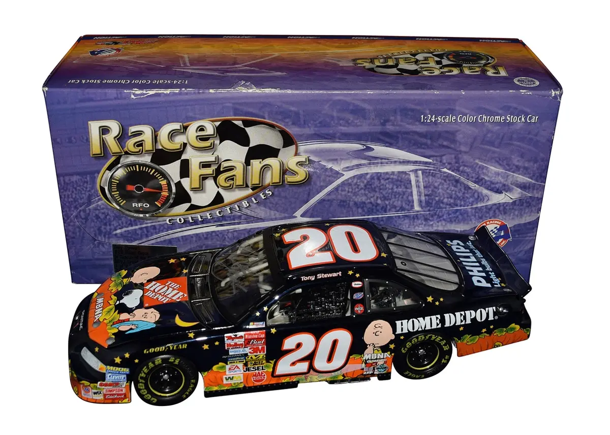 Autographed 2002 Tony Stewart #20 Search For The Great Pumpkin (Charlie Brown) Rfo Color Chrome Signed 1/24 Scale Nascar Diecast Car With Coa (1 Of Only 2,508 Produced) 1