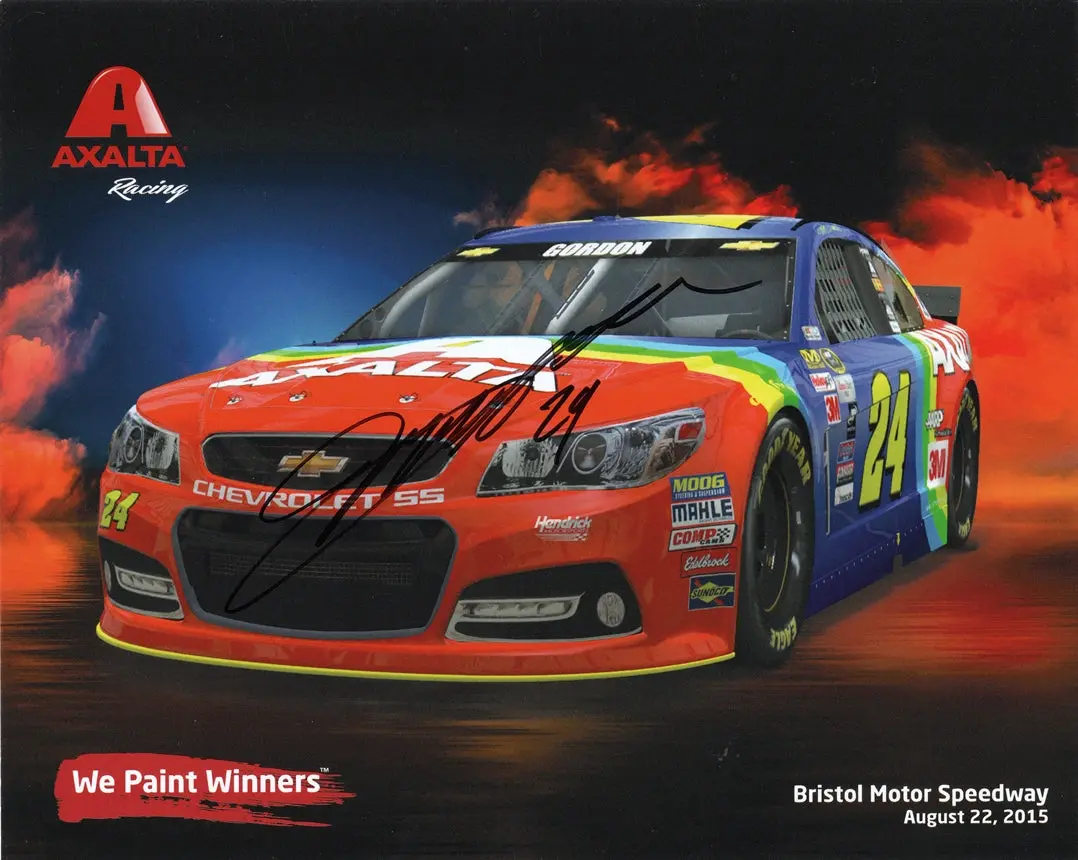 Autographed 2015 Jeff Gordon #24 Axalta Rainbow Bristol Throwback Car (Official Hero Card) Inscribed Signed 8X10 Inch Picture Nascar Photo With Coa 1