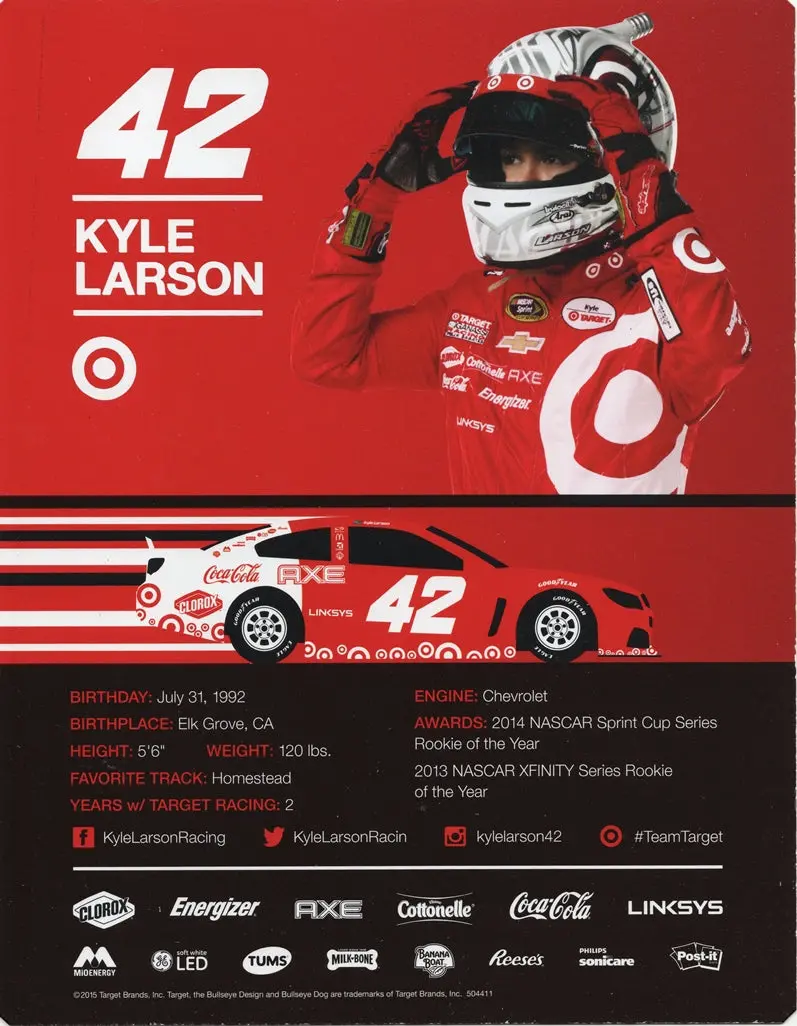 Autographed 2015 Kyle Larson #42 Target Racing Official Hero Card (Sophomore Season) Ganassi Team Signed Nascar Photo With Coa 2