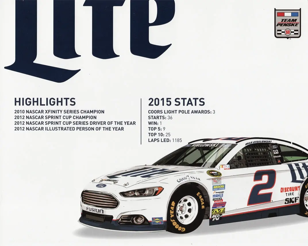 Autographed 2016 Brad Keselowski #2 Miller Lite Racing Official Hero Card (Team Penske) Signed 8X10 Picture Nascar Photo With Coa 2