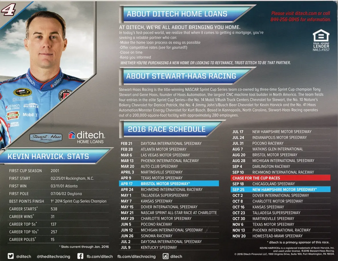 Autographed 2016 Kevin Harvick #4 Ditech Racing Official Hero Card (Inscribed Autograph) Signed 9X11 Picture Nascar Photo With Coa 2