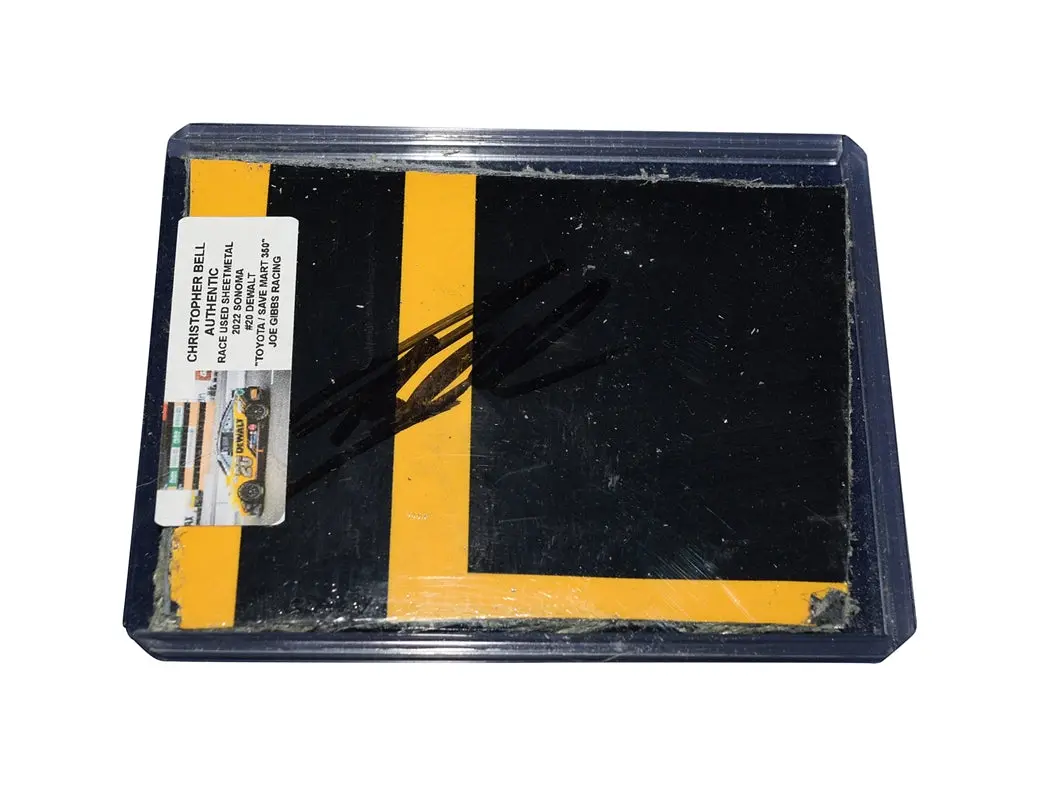 Autographed 2022 Christopher Bell #20 Dewalt Racing Race-Used Sheetmetal (Sonoma Raceway) 2-Color Piece Signed Nascar Collectible With Coa 1