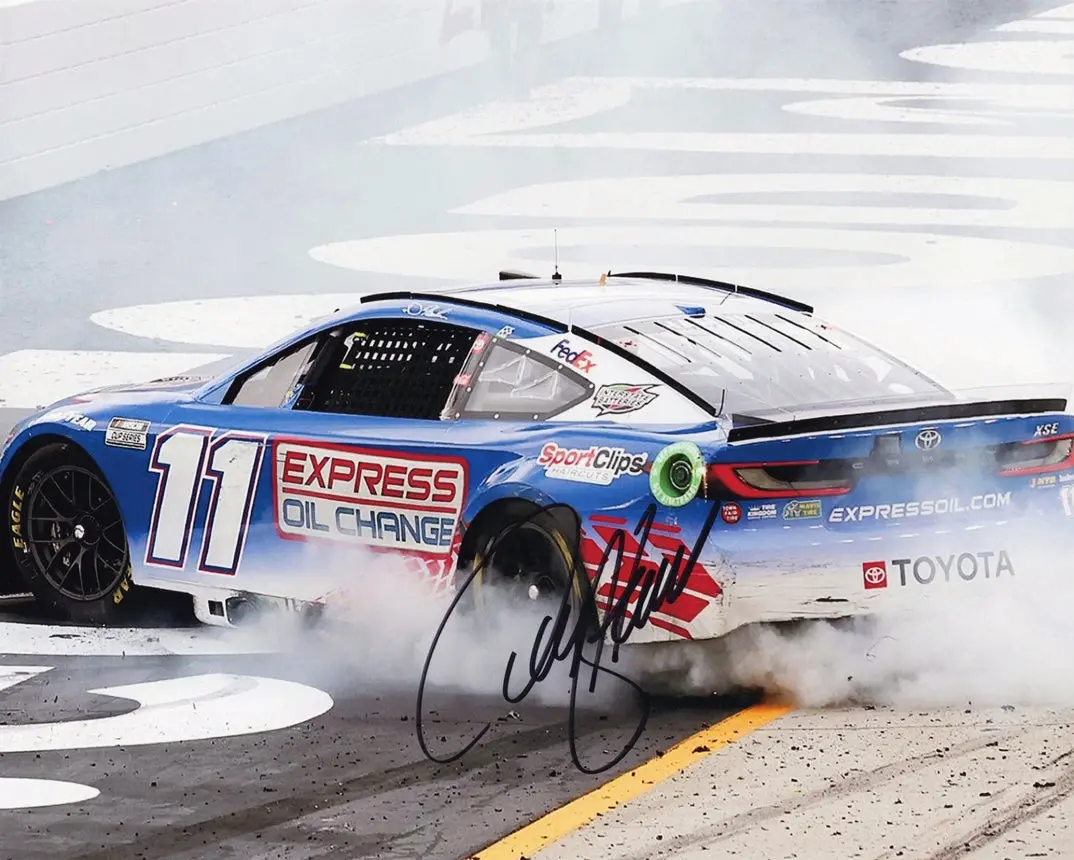 Autographed 2024 Denny Hamlin #11 Express Oil Racing Bristol Win (Burnout) Signed 8X10 Inch Nascar Glossy Photo With Coa 1