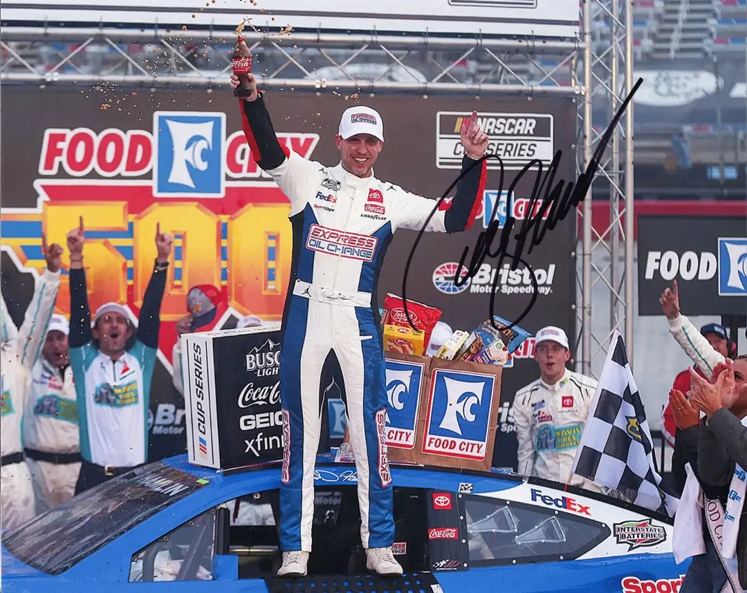 Autographed 2024 Denny Hamlin #11 Express Oil Racing Bristol Win (Victory Lane) Signed 8X10 Inch Nascar Glossy Photo With Coa 1