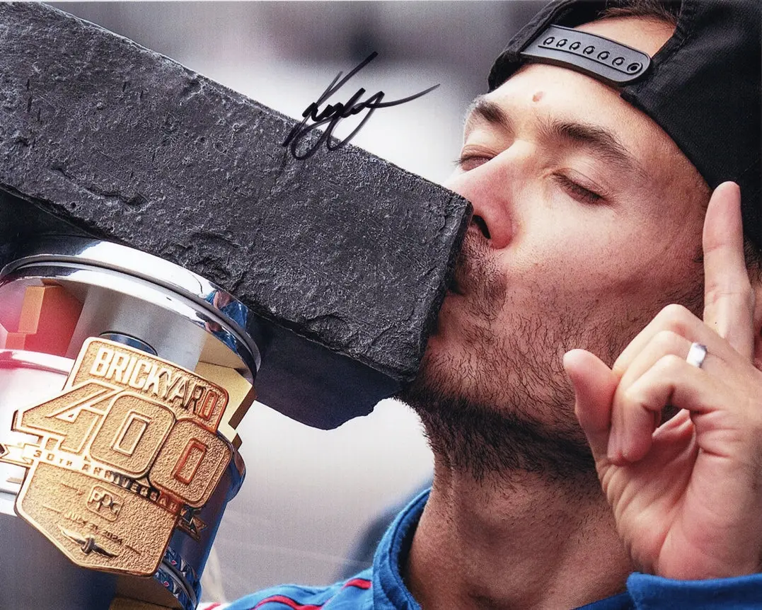 Autographed 2024 Kyle Larson #5 Indianapolis Motor Speedway Brickyard 400 Win (Trophy Kiss) Signed 8X10 Inch Nascar Glossy Photo With Coa 1