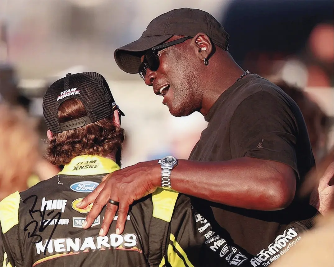 Autographed 2024 Ryan Blaney #12 Menards Racing Michael Jordan Chat (Pit Road) Signed 8X10 Inch Nascar Glossy Photo With Coa 1