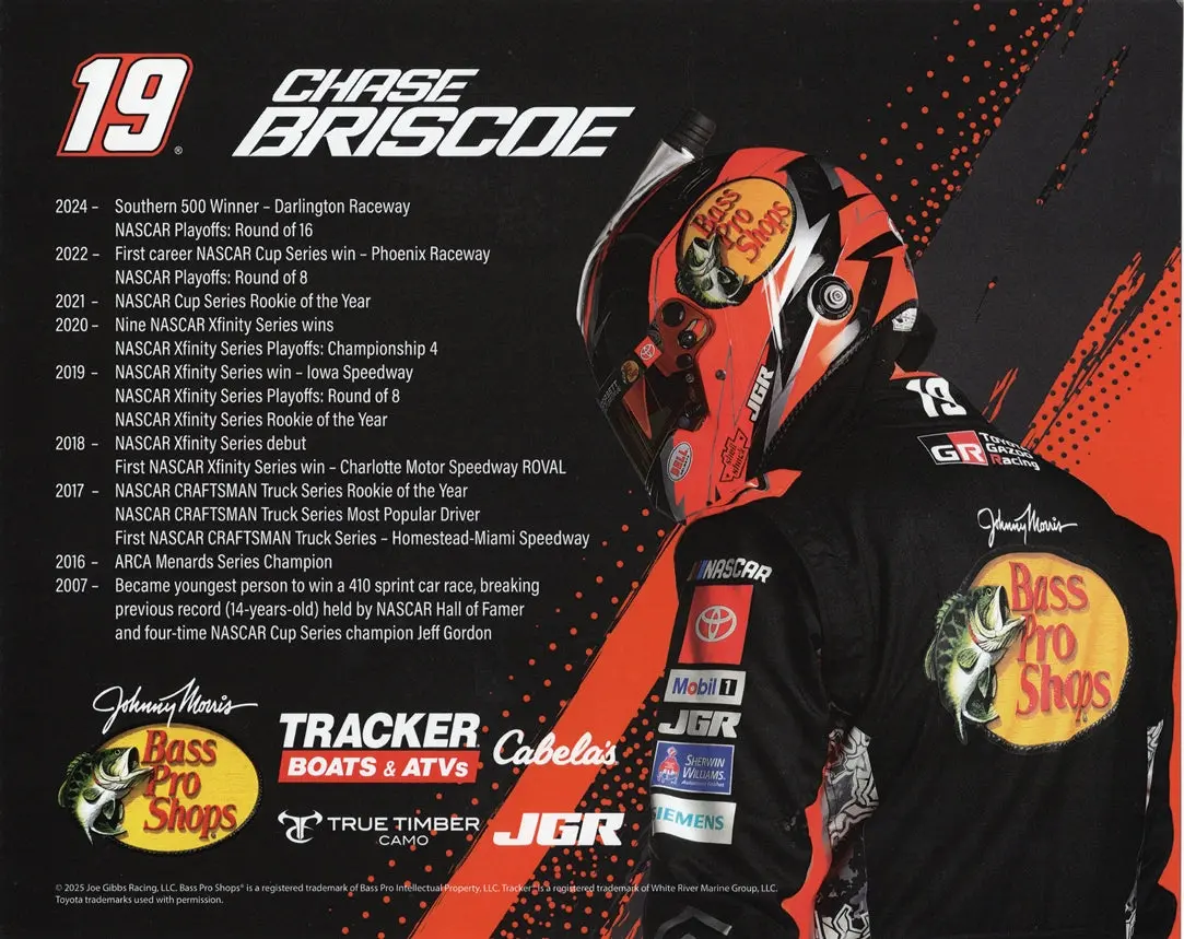 Autographed 2025 Chase Briscoe #19 Bass Pro Shops Toyota Official Hero Card (Joe Gibbs Racing) Black Ink Signed 8X10 Inch Nascar Photo With Coa 2